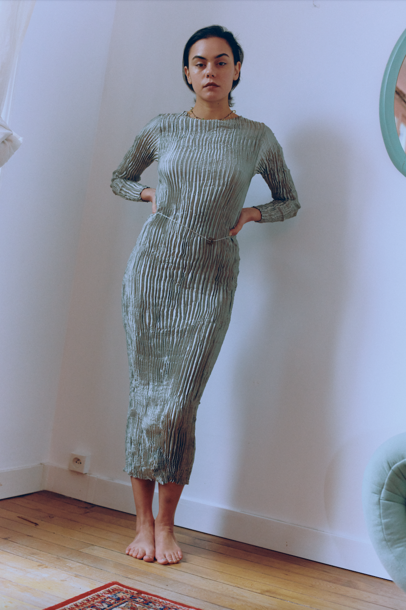 Plissé sleeve dress long